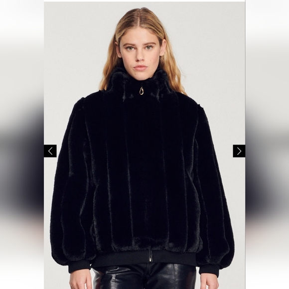 SANDRO Babel Faux Fur Jacket Black Size 6 NWT - Picture 5 of 8
